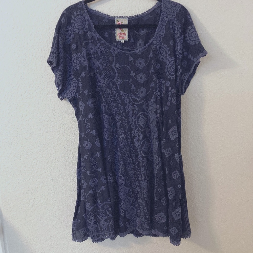 Johnny Was Mini Dress/Tunic - deep indigo, allover embroidery.  1X.